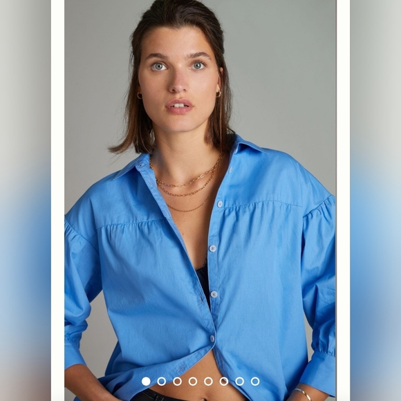 Mauve by Anthropologie Poplin Buttondown Shirt 3/4 Puffed Sleeve Blue Size Small - Picture 2 of 16